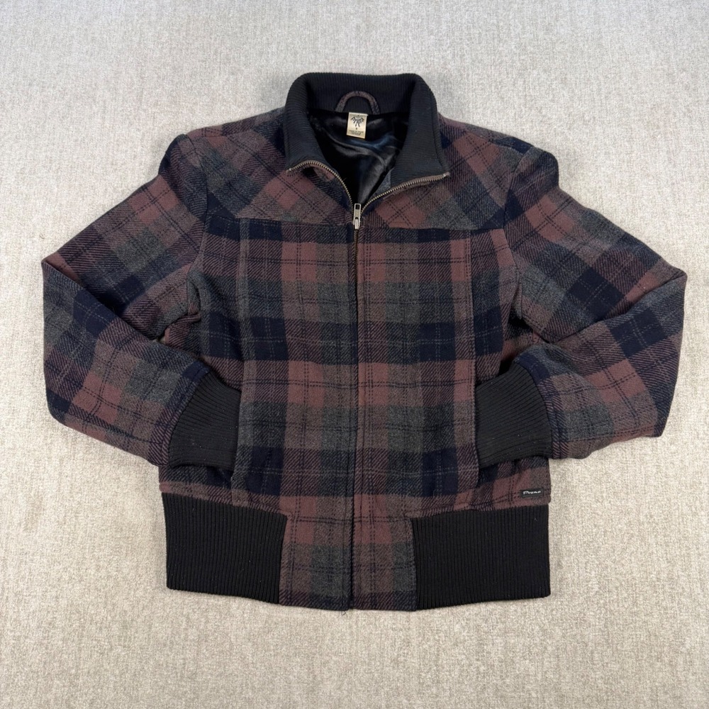 PrAna Bomber Jacket Womens S Brown Plaid Wool Blend Full Zip Outdoor Gorpcore